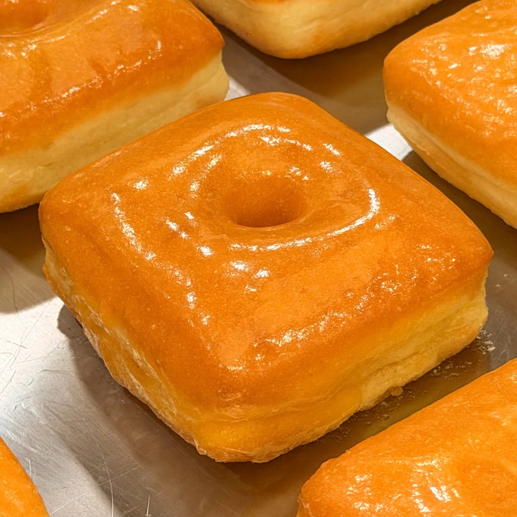 A glazed square sourdough donut with a round hole, on a tray with more donuts
